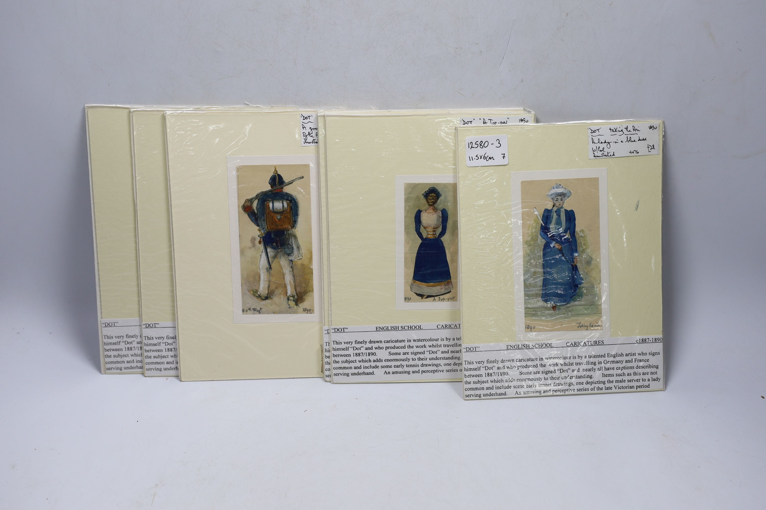 Seven 19th century English School watercolour ‘Dot’ caricatures, including ‘Taking the Aim’ and ‘German Soldier’, some dated and inscribed, each 11.5 x 6cm, unframed